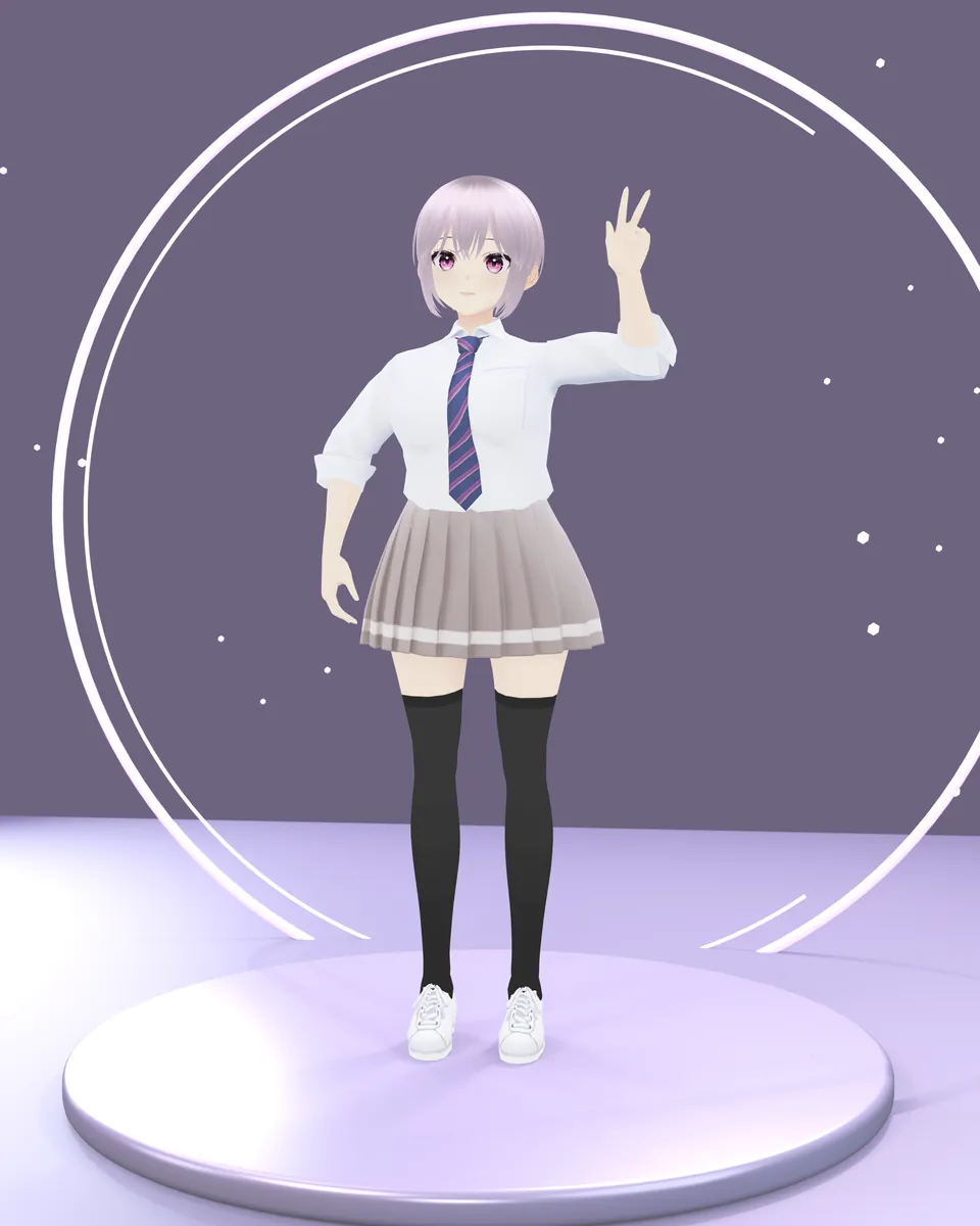 라벤더색 단발머리 캐릭터가 원형 무대 위에서 V 포즈를 하는 3D 렌더